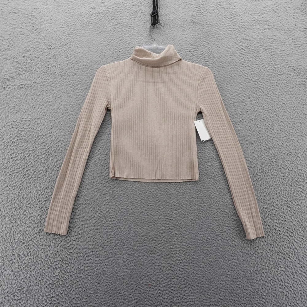 Urban Social Ribbed Knit Turtleneck Long Sleeve Cropped‎ Top Beige Small NEW